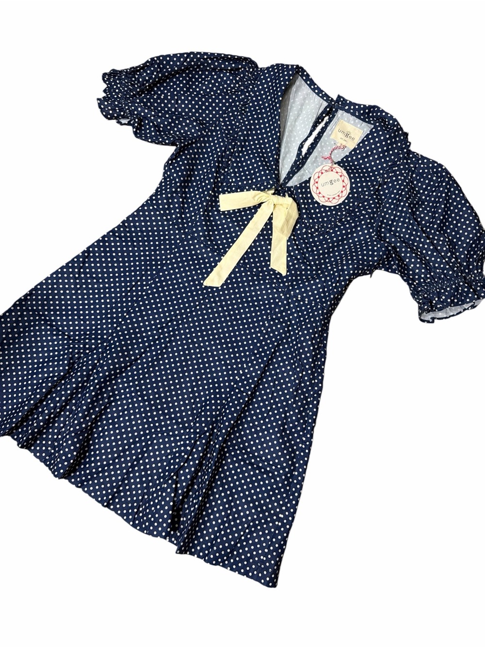 UMGEE NWT Polka Dot Navy A-Line Dress with Creamy/Yellowish Bow